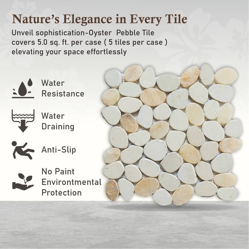 Oyster Sliced Pebble Mosaic, Backsplash Kitchen Walls, Shower and Bathroom Floors 12" X 12" (5 Sqft per case) - Case (5 Tiles)