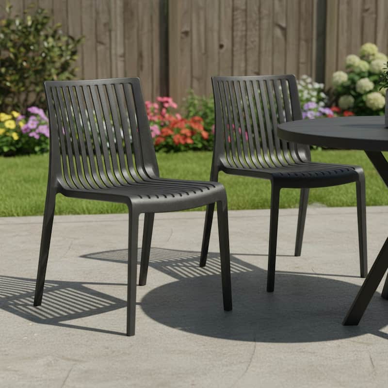HomeRoots Set of Two Black Heavy Duty Plastic Outdoor Stacking Accent Chairs - Black