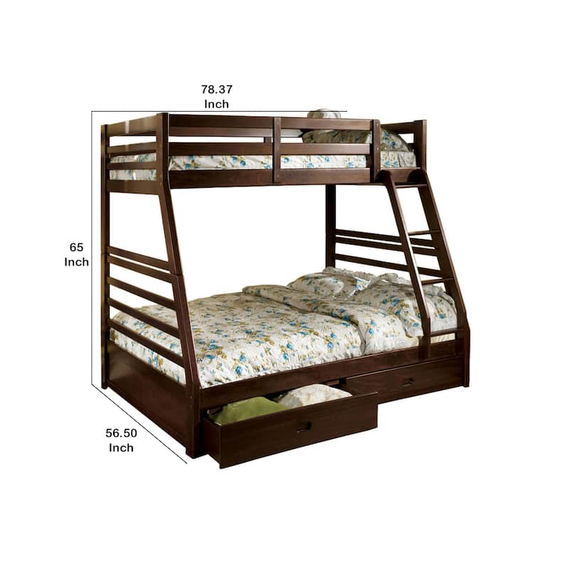 Transitional Style Twin Over Full Bunk Bed with Drawers, Walnut Brown
