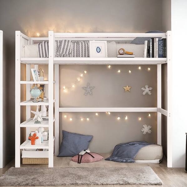 slide 2 of 13, Artsy Twin Size Metal Loft Bed with 4-Tier Shelves and Storage, White White