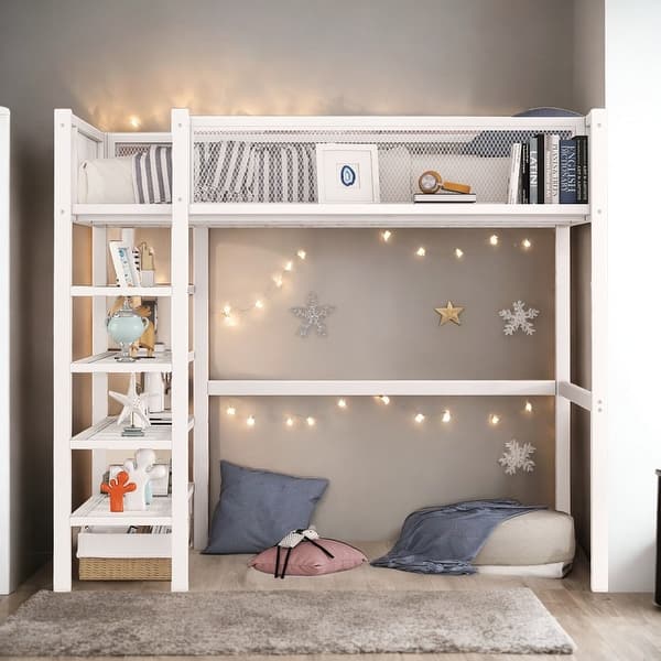 slide 2 of 13, Modern Style Twin Size Metal Loft Bed with 4-Tier Shelves and Storage, Creative Structure, Storage Space, Good Stability, White White