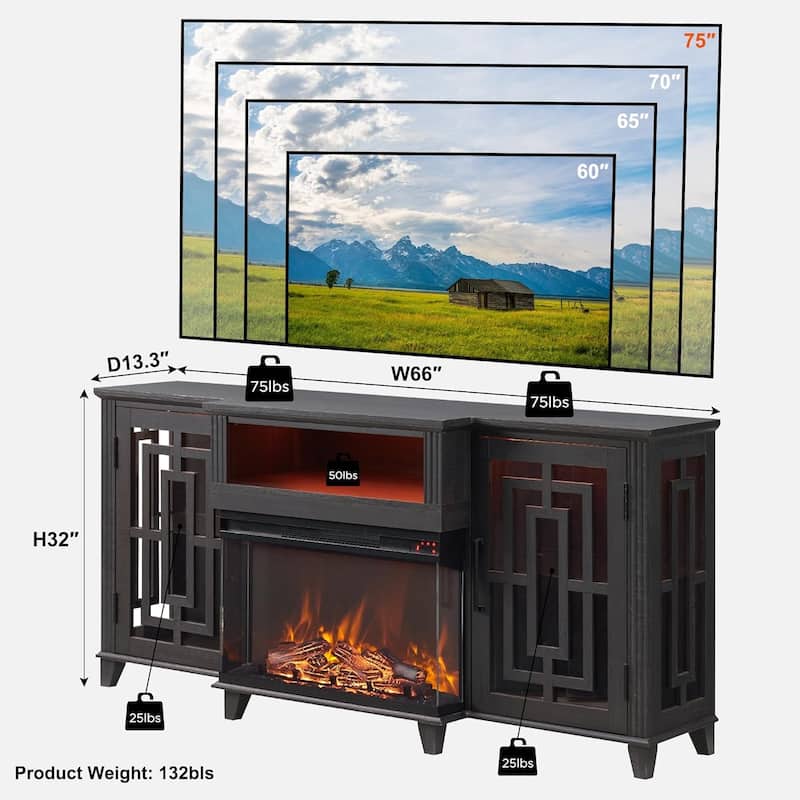 Farmhouse 3-Sided Glass Fireplace TV Stand for 75" TV, Media Console