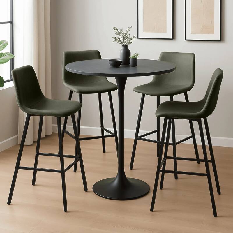 Elland 5-Piece Bar-Height Dining Set with Round MDF Bar Table and Upholstered Leather Bar Stools