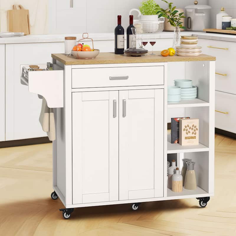Rolling Kitchen Island Cart On Wheels With Drawer Open Shelves & Spice Rack With Storage For Dining Room - White