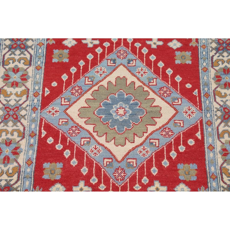 Geometric Red Kazak Foyer Rug Hand-Knotted Oriental Accent Wool Carpet - 3'2" x 4'9"