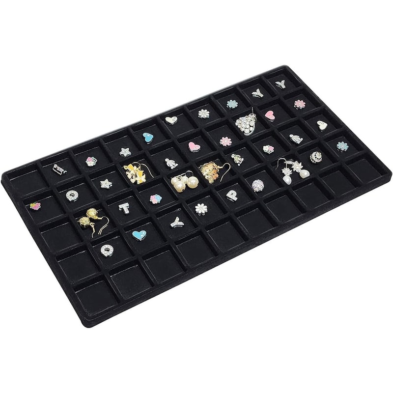 Natural Wood Glass Top Jewelry Display Case Accessories Storage Box with Metal Clasp & Removable 50 Compartments - S