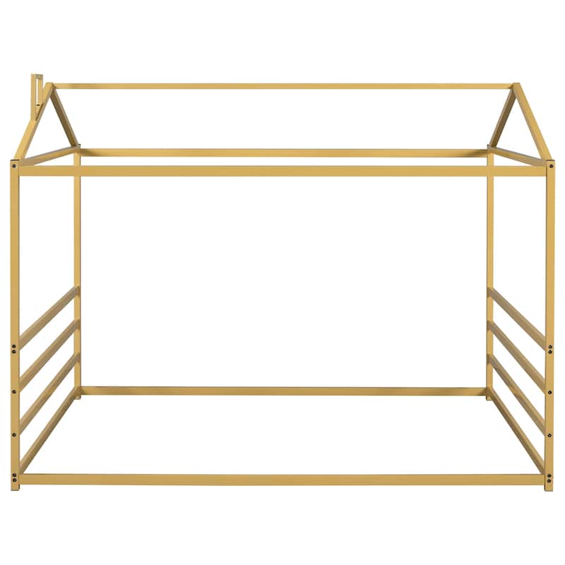 Sleek Metal Queen Platform Bed with House Shape Design, No Box Spring Needed
