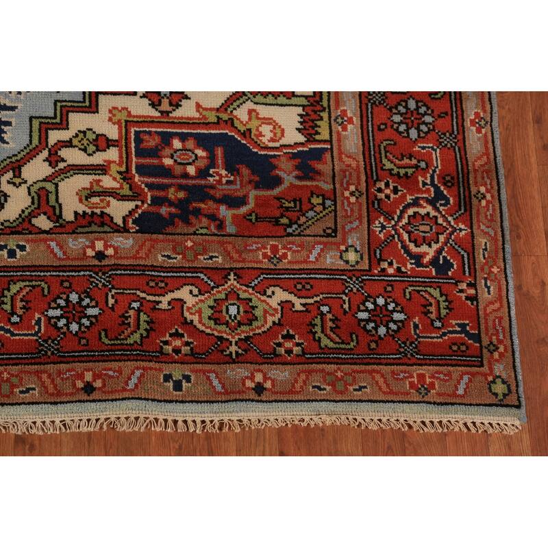Geometric Heriz Serapi Indian Rug Hand-Knotted Blue Wool Carpet - 7'11"x 9'9"