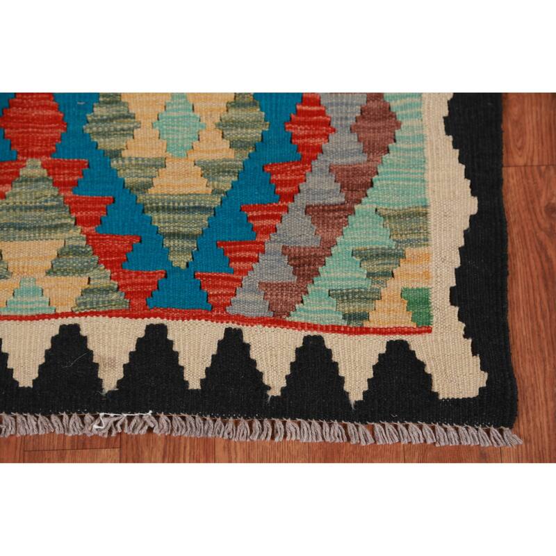 Geometric Kilim Oriental Runner Rug Hallway Hand-Woven Wool Carpet - 2'10" x 13'0"