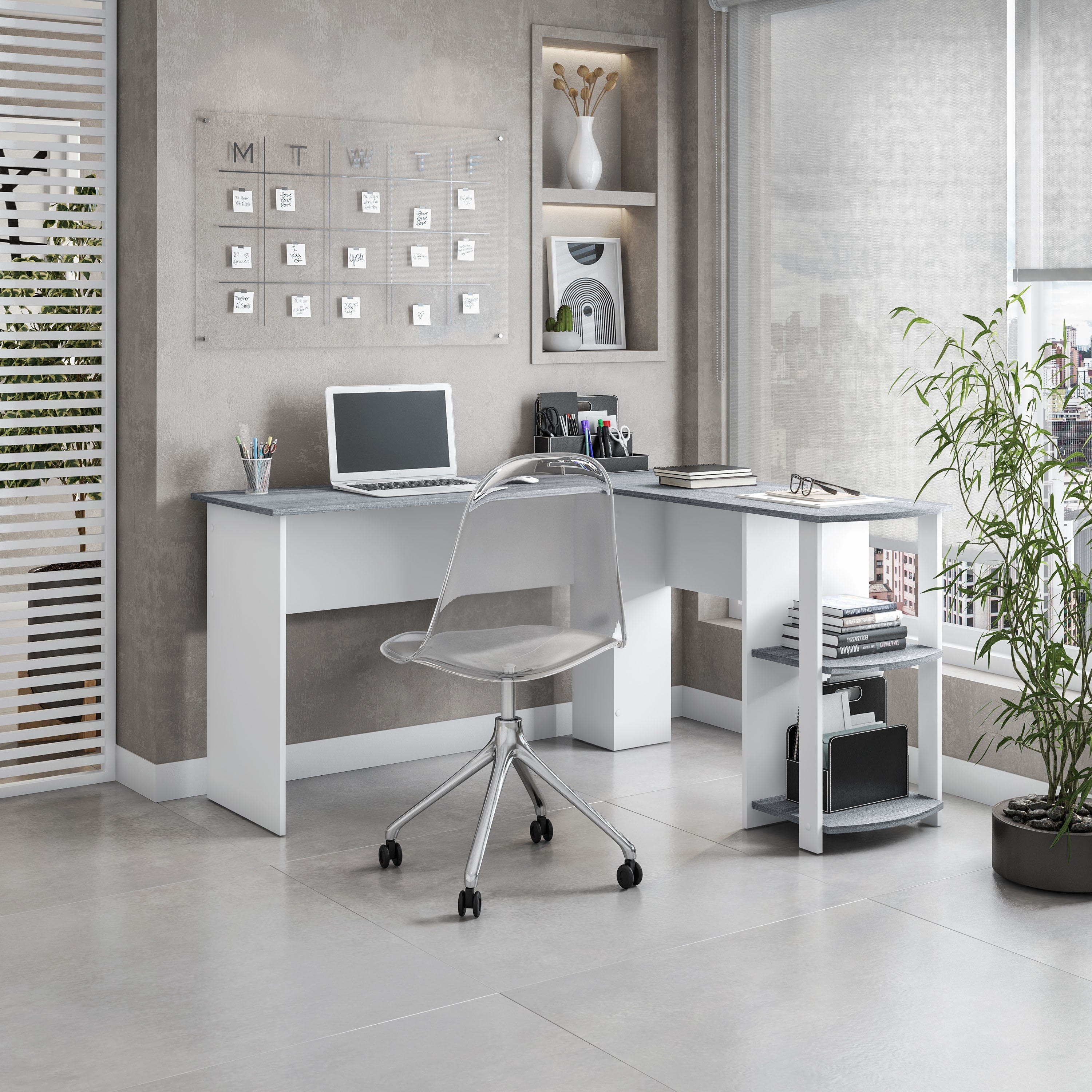 Modern L-Shaped Desk with Storage Shelves, 360°Rotating Desk with Open Shelves for Home Office