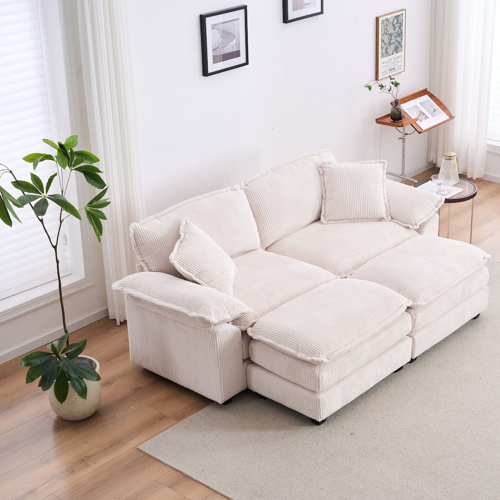 2-Seat Corduroy Sofa with Back Pillows and Ottomans, White, Comfortable Living Room Couch