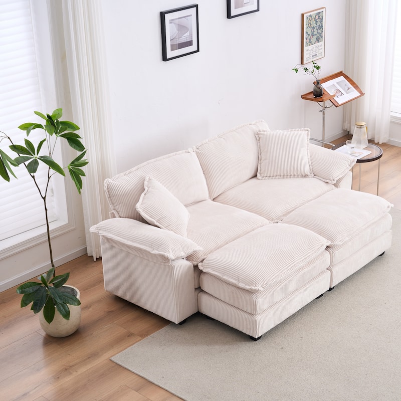 2-Seat Corduroy Sofa with Back Pillows and Ottomans, White, Comfortable Living Room Couch - Multi-Color