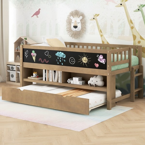 slide 2 of 24, Twin Size Low Loft Bed with Trundle, Solid Wood Bed Frame with Storage Shelves & Blackboard, Space-Saving Design for Small Rooms Walnut - Twin