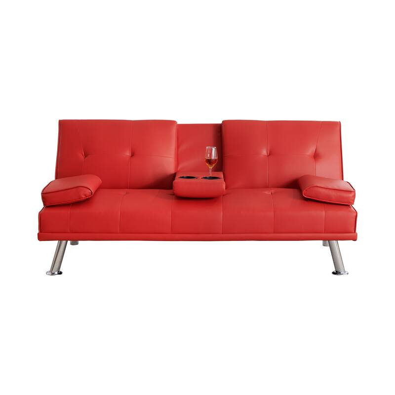 67-inch Red PVC Multifunctional Double Folding Sofa Bed with Coffee Table for Office