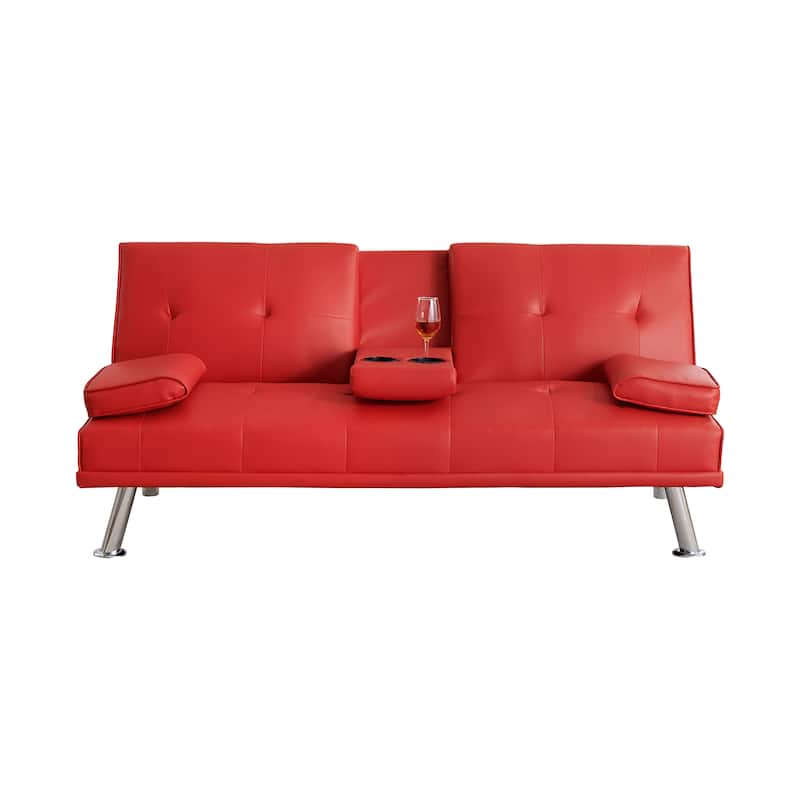 Adjustable Loveseat Couch PU Leather Sleeper Sofa Bed w/ Folding Table