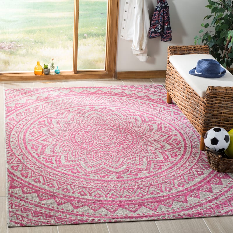SAFAVIEH Courtyard Fran Mandala Indoor/ Outdoor Waterproof Patio Backyard Rug - 2'7" x 5' - Light Grey/Fuchsia