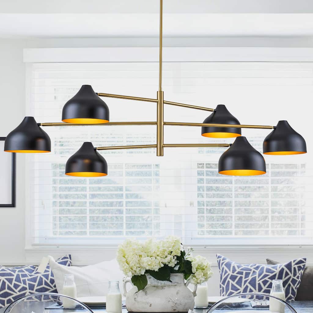 6-Light Mid-Century Matte Black & Gold Linear Chandelier Iron Shades - W 55.12-in