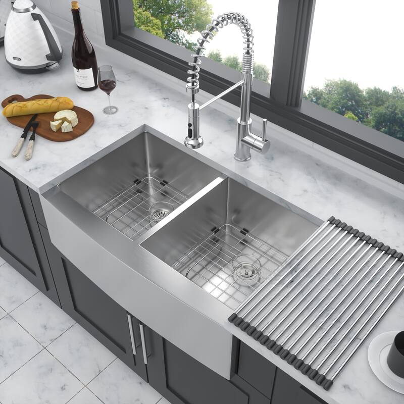 33" Farmhouse 16 Gauge Double Bowl Stainless Steel Kitchen Sink in Brushed Nickel - 33'' x 21'' x 10''