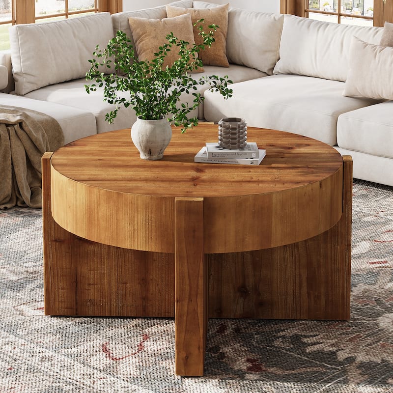 31.5 Inch Round Wood Coffee Table for Living Room - 31.5" D x 31.5" W x 18.5" H