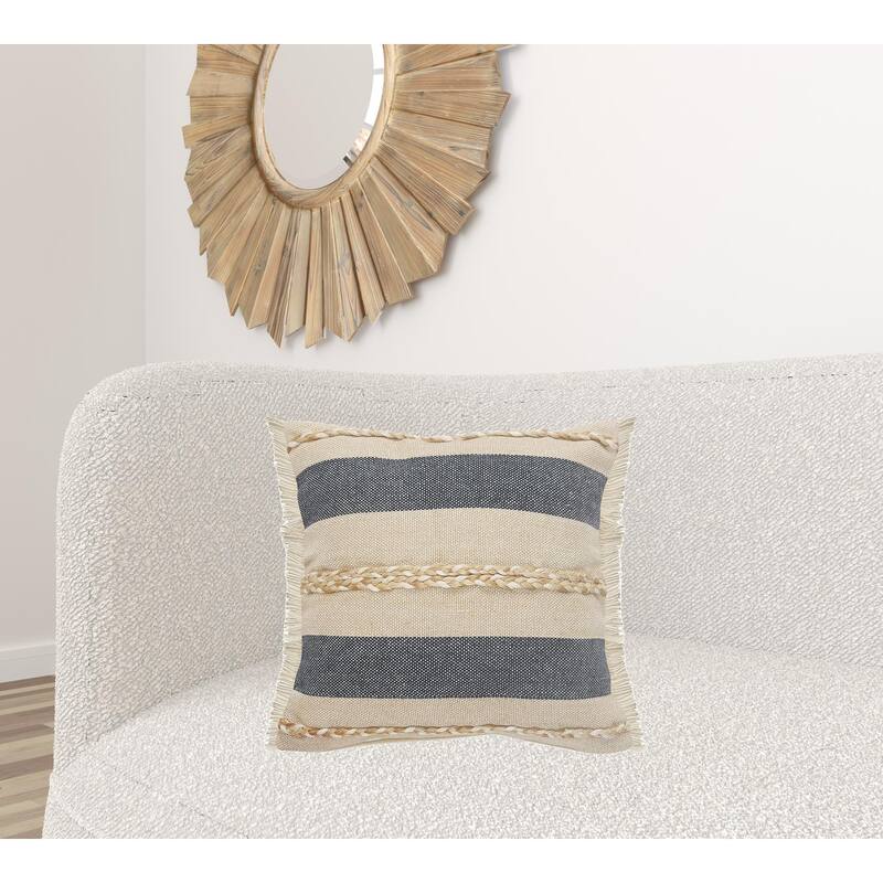 HomeRoots 20" X 20" Denim Blue Tan And Taupe Jute Coastal Zippered Pillow