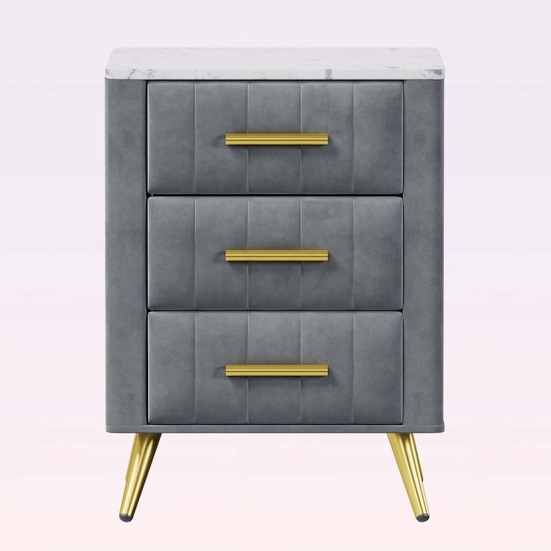 Modern Nightstand with 3 Drawers and Metal Legs&Handles,with Marbling Stickers Worktop