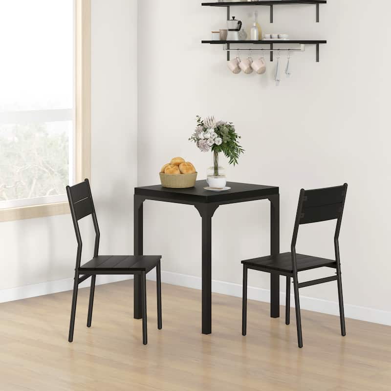3-Piece Black Bar Table Set Included 2 Slatted Chairs with Steel Frame for Kitchen or Breakfast Nook