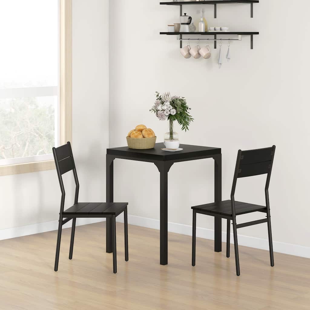 3-Piece Black Bar Table Set Included 2 Slatted Chairs with Steel Frame for Kitchen or Breakfast Nook