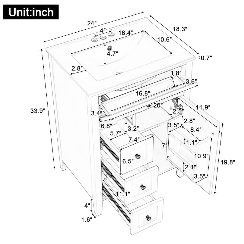 24" Bathroom Vanity with Sink, MDF & Rubberwood Construction, 3 Drawers & Cabinet with Adjustable Shelves