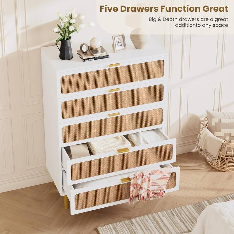Rattan 5 Drawer Tall Dresser for Bedroom, Large Chest with Deep Drawers and Wide Top for Closet or Hallway