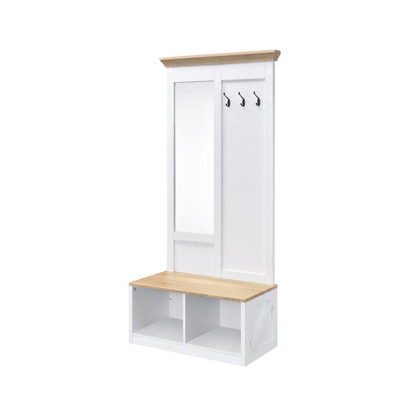 Modern Hall Tree with Full-Length Mirror, Bench, and Open Storage in Light Oak & White Finish - Light Oak,White
