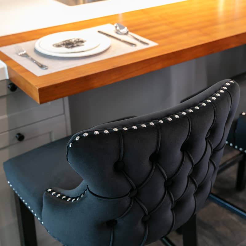 Contemporary Velvet Upholstered Wing-Back Barstools with Button Tufted Decoration Leisure Style Bar Chairs