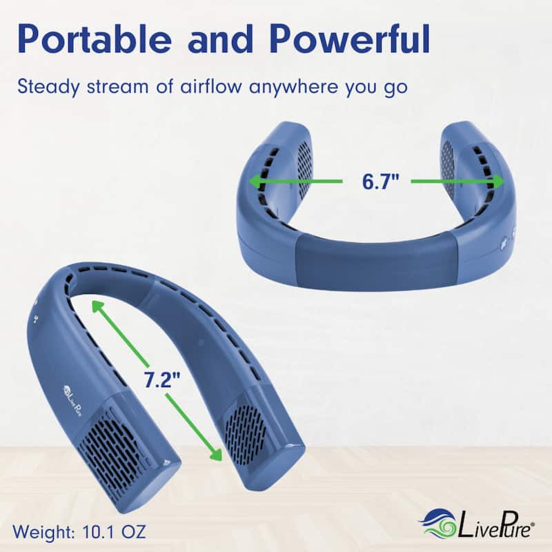 LivePure Neck Fan, Hands Free Portable Fan for Travel and Outdoors. Rechargeable Wearable Personal Fan.