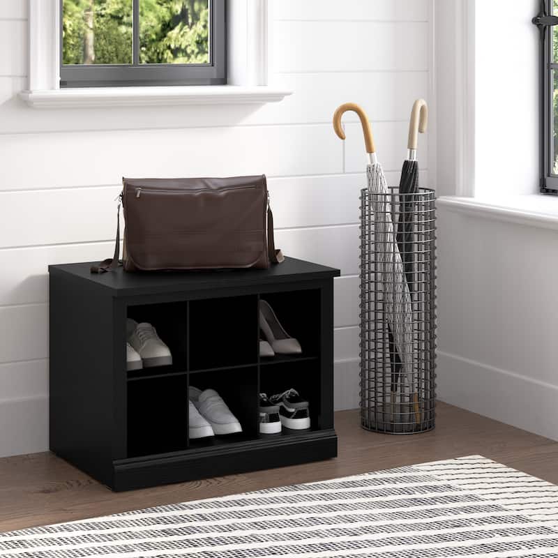 Woodland 24W Small Shoe Bench with Shelves by Bush Furniture - Black Suede Oak