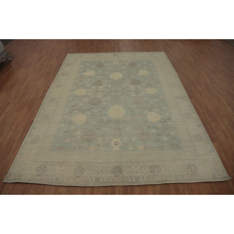 Vegetable Dye Wool Oushak Turkish Area Rug, Floral Geometric Carpet - 11' 11'' X 9' 1''
