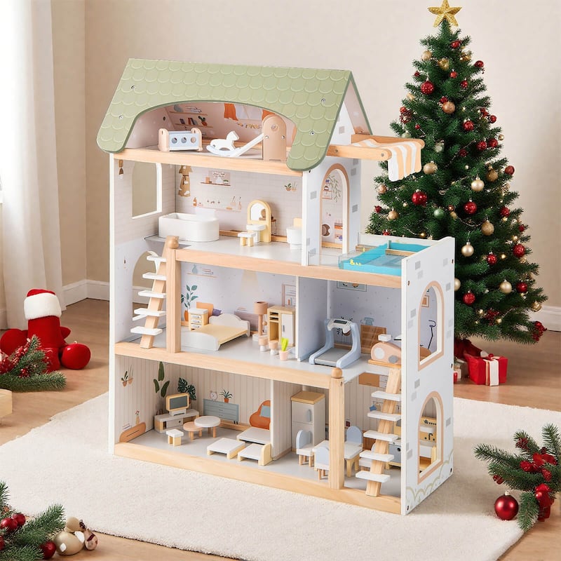 Costway Kids Wooden Dollhouse 4-Story Modern Doll House with 33Pcs - as pic shows - See Details