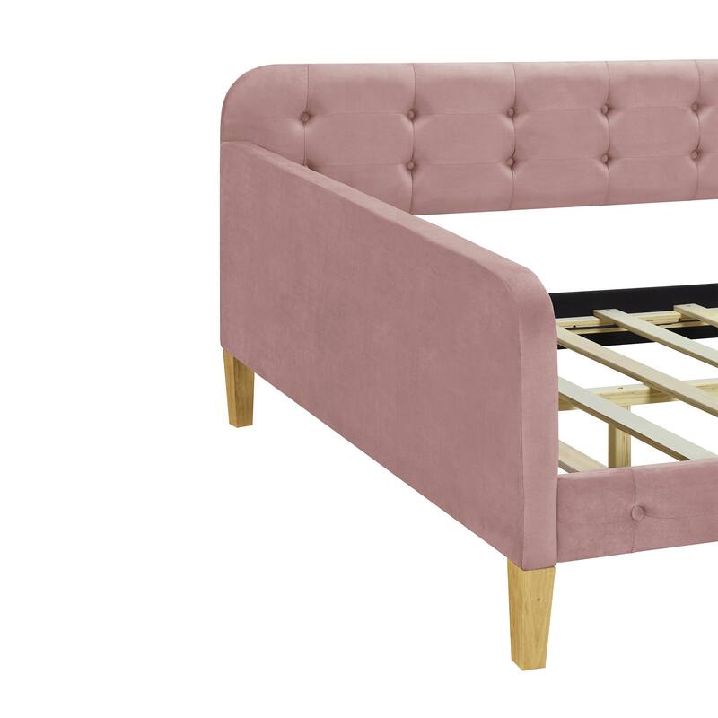 Full Size Velvet Upholstered Daybed Frame with Tufted Backrest & 4 Legs