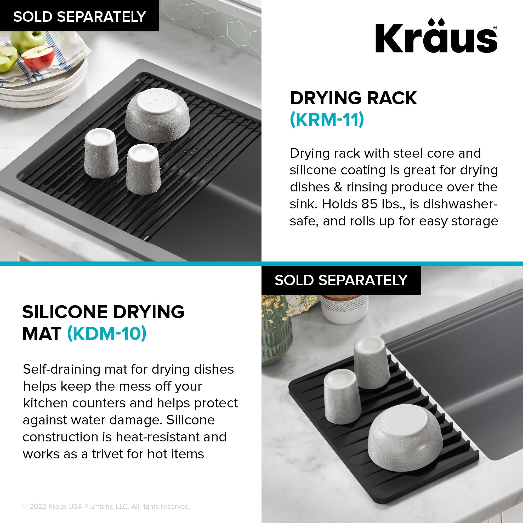 KRAUS Self-Draining Silicone Dish Drying Mat or Trivet for Kitchen Counter  in Black 