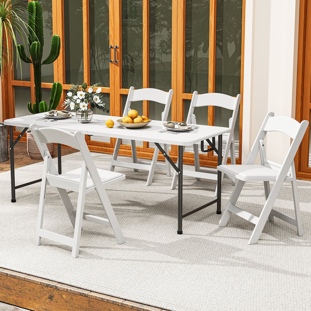 Outdoor Dining Chairs Stackable White Resin Folding Chairs with Padded Seat Set of 4