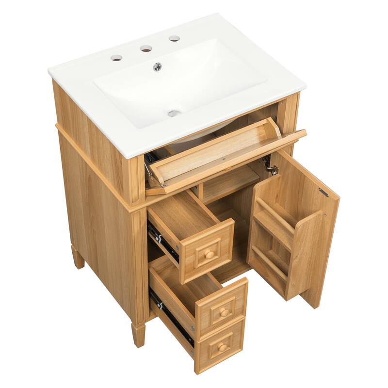 Roomfitters 24" Bathroom Vanity with Sink, Solid Wood Frame, Flip-Out Drawer, 2 Soft-Close Drawers & Door, Wood