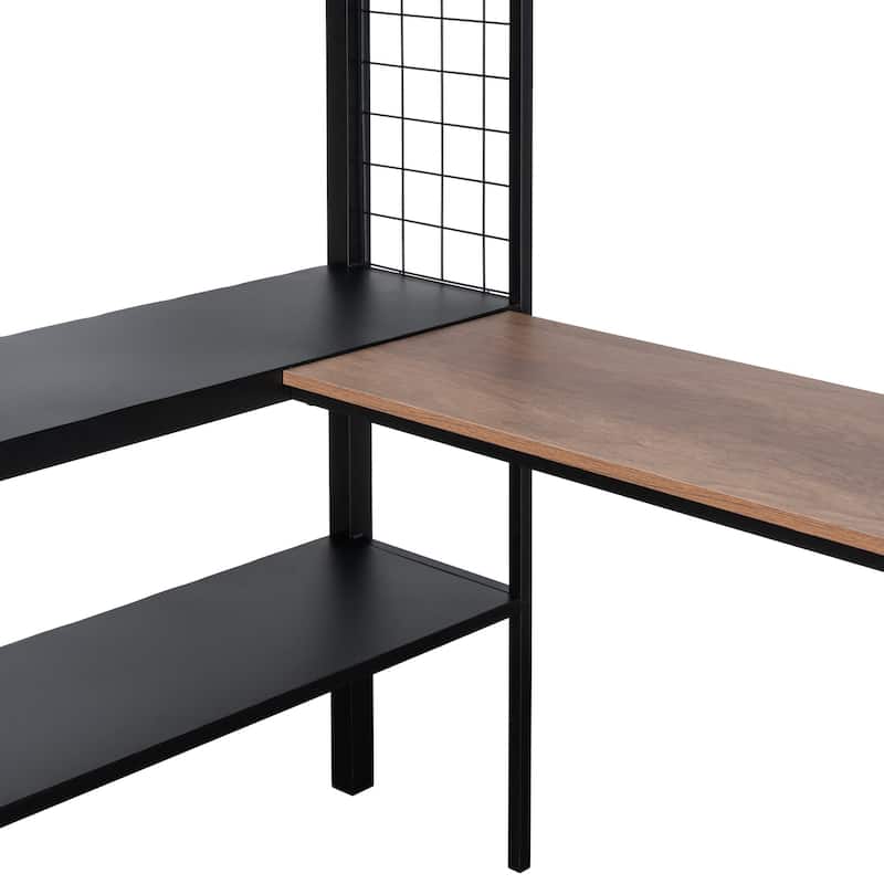 Black Full Size Metal Stell Loft Bed with Desk, Shelves, Noise-free Wood Slats and Comfortable Textilene Guardrail