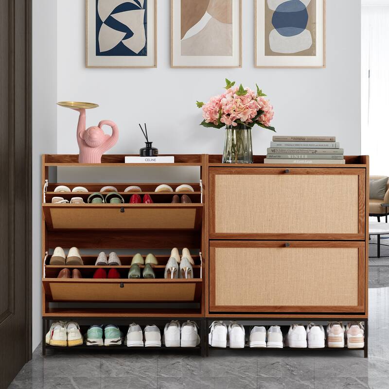 Free-standing Two-tier Flip-out Drawer Wooden Shoe Storage