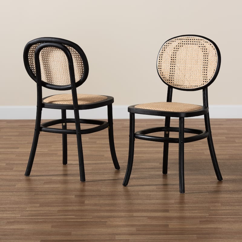 Garold Mid-Century Modern Woven Rattan and Wood Dining Chair Set(2PC)