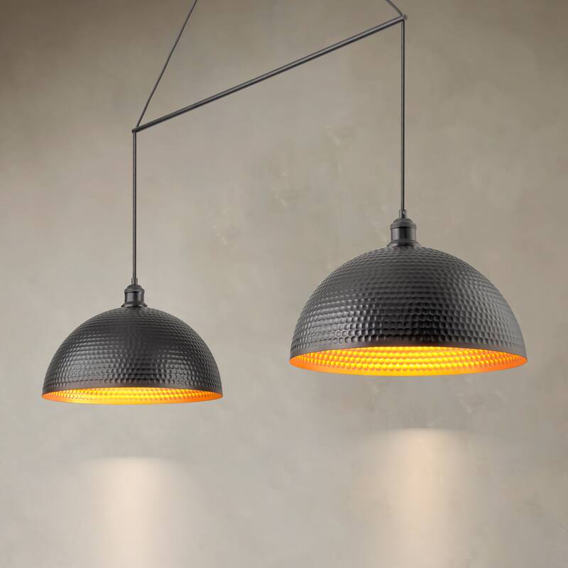 2-Light Modern Industrial Matte Black Linear Dome Hammered Large Pendant Light for Kitchen Island - 54.3 in. W x 11.4 in. H