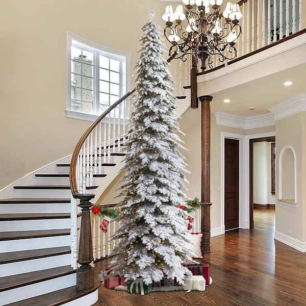 Glitzhome Pre Lit Flocked Pencil Spruce Artificial Christmas Tree with Warm White Lights