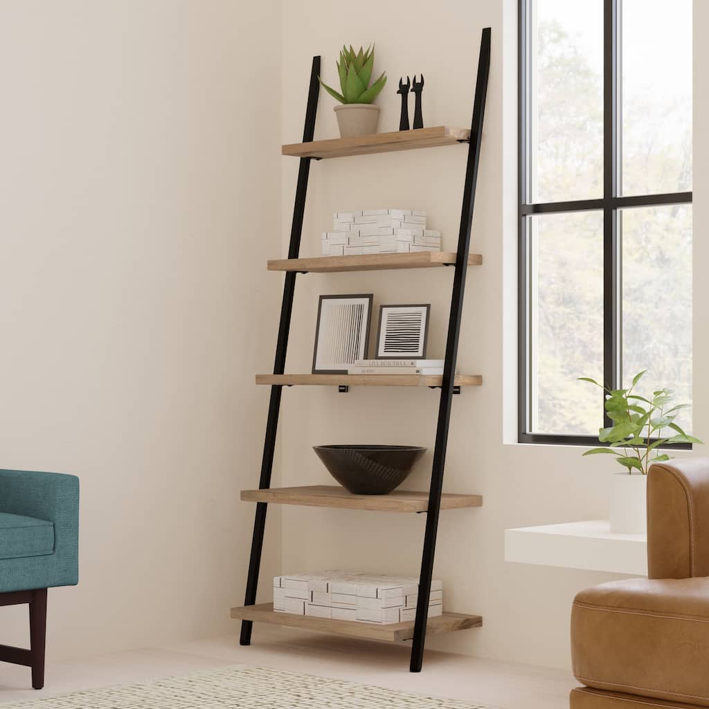 Simpli Home Trent SOLID MANGO WOOD & Metal 70x27" Rectangle Industrial Ladder Shelf in Natural - 15" D x 27" W x 70" H