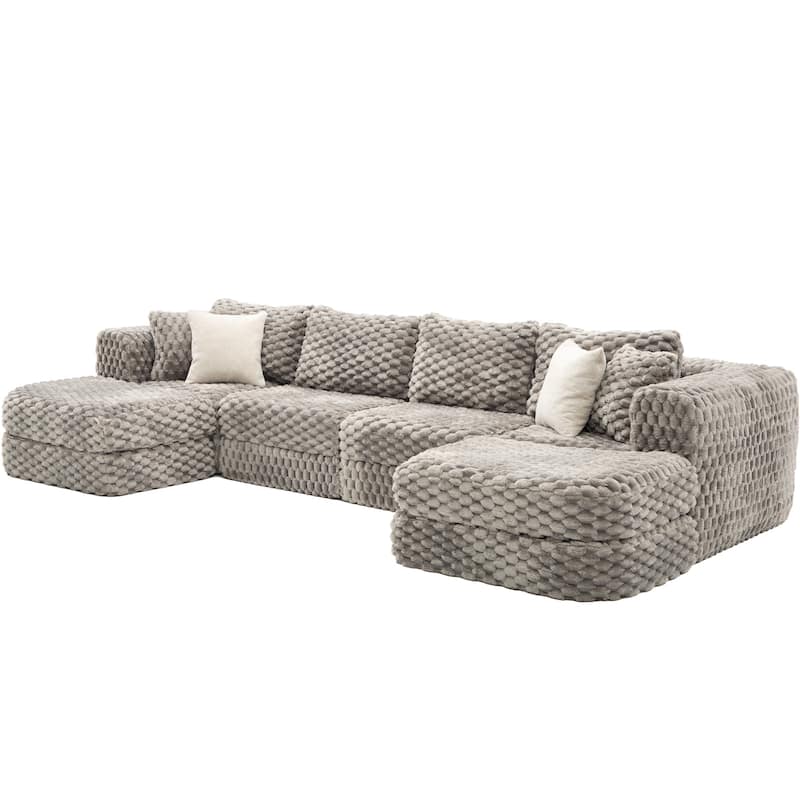 Modular Sectional Sofa with Bubble Velvet Upholstery, 2 Movable Ottomans and 4 Throw Pillows for Living Room