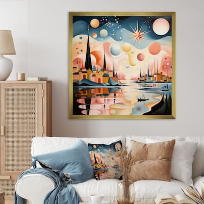 Designart "Vintage City In Retro Pastel Palette I" Abstract Landscape Framed Wall Art Prints