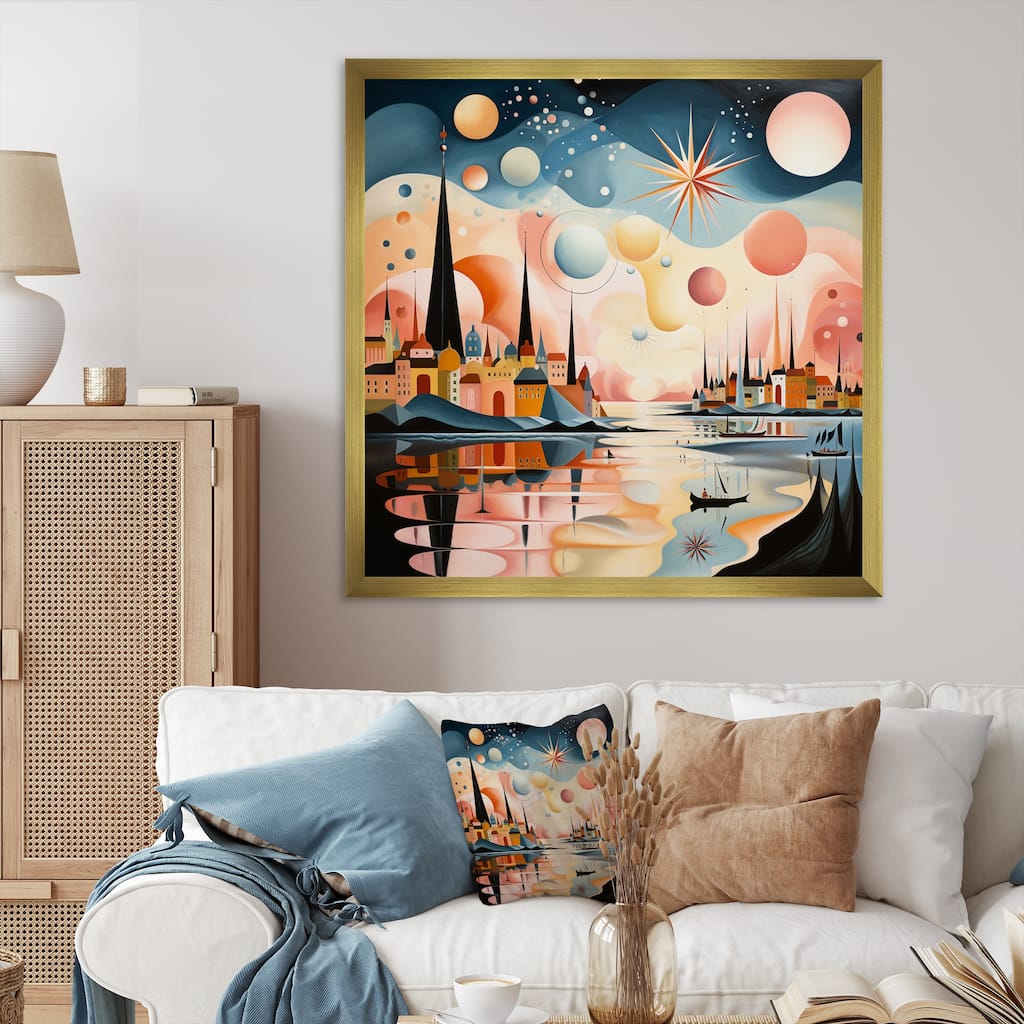 Designart "Vintage City In Retro Pastel Palette I" Abstract Landscape Framed Wall Art Prints