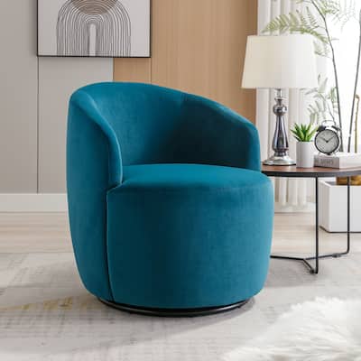 Modern Barrel Swivel Accent Chair with Metal Base, Round Velvet Upholstered Reading Chair w/ Curved Back for Living Room Bedroom