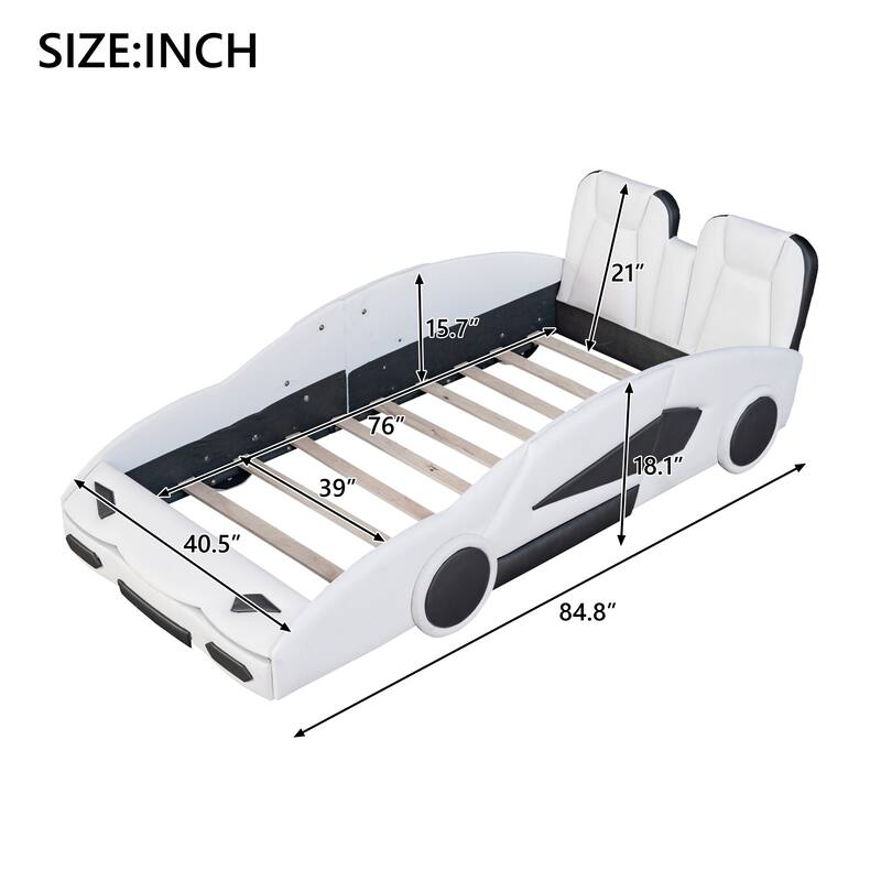 Vibrant White Twin Race Car Bed on Wheels - Kids' Dream Ride!